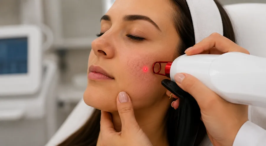 Aplicação do Laser Transdérmico nos vasinhos do rosto durante tratamento facial em Cuiabá